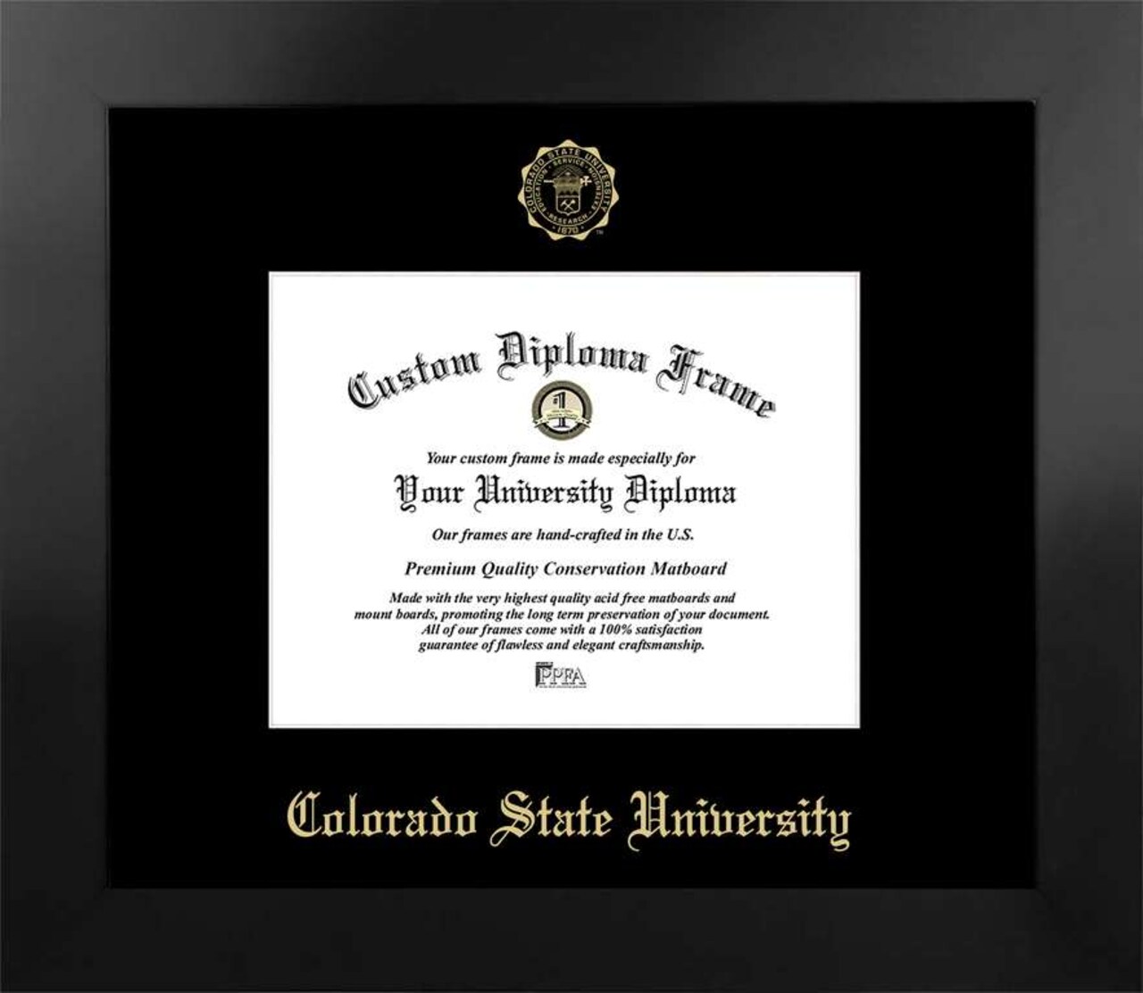 Colorado State University 9w x 7h Manhattan Black Single Mat Gold Embossed Diploma Frame with Bonus Campus Images Lithograph (value savings at $59)